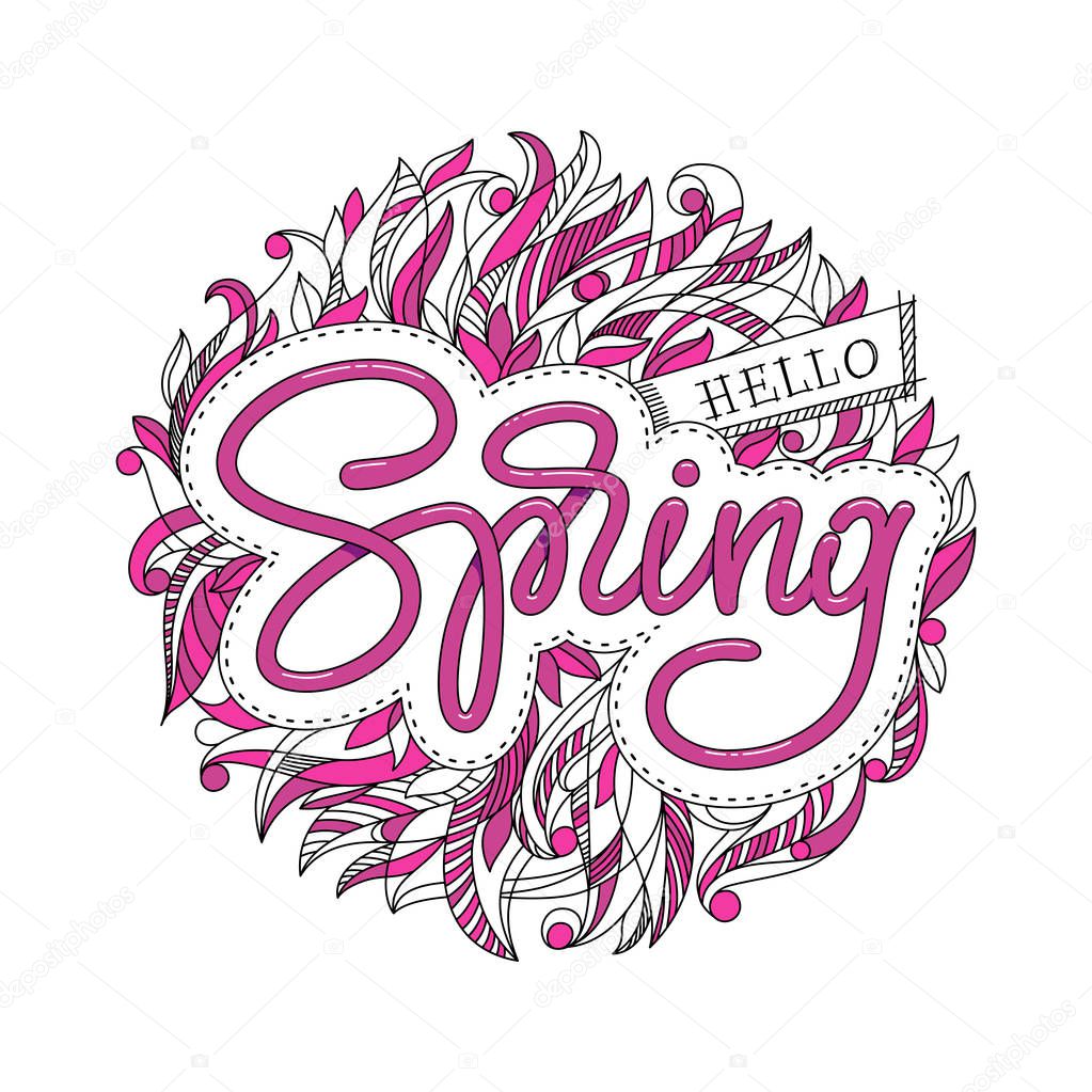 Hello Spring hand sketched logotype, badge typography icon. Lettering spring season with leaf for greeting card, invitation template. Retro, vintage lettering banner poster template background