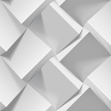 Işıksız geometrik desen. Beyaz kağıttan gerçekçi 3 boyutlu küpler. Duvar kağıtları için vektör şablonu, tekstil, kumaş, ambalaj kağıdı, arka plan. Hacim ekstrakt etkisine sahip soyut doku.