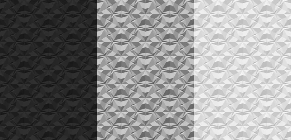 Set di modelli geometrici neri, grigi, bianchi senza cuciture. Texture 3D con effetto di estrusione di volume. Modello per carta da parati, tessuto tessile che avvolge sfondi di carta Illustrazione vettoriale realistica . — Vettoriale Stock