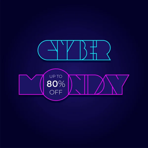 Neon négyzet alakú betűk Cyber Monday cyberpunk stílusban sötétkék háttérrel. Bannerek és eladási ajánlatok vektorsablonja. — Stock Vector