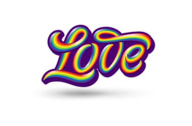 İzole edilmiş beyaz arka planda el yazısıyla yazılmış renkli bir aşk tipografisi. Homoseksüellik amblemi. LGBT 'nin gurur ve sevgi sembolü. Etiket, gömlek izi, logo tasarımı için harf içeren şablon.