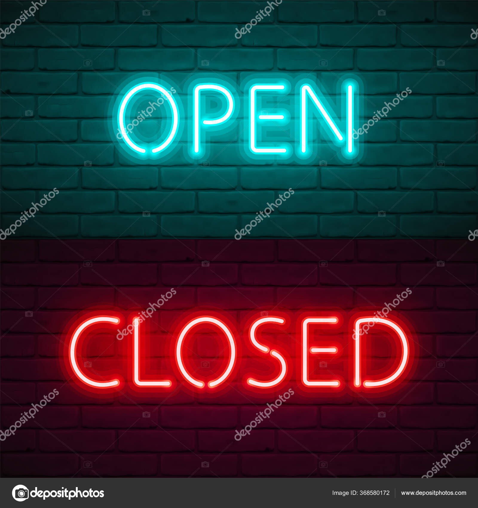 Image vectorielle Lettrage OUVERT FERMÉ avec une lueur néon brillante sur  fond mural en brique sombre. Illustration vectorielle typographie pour  enseigne porte de magasin, café, bar ou restaurant, boîte de nuit.  Informations, image size:1600x1700