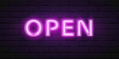 Parlak menekşe neon senaryo açık. Tipografi tasarımı için vektör yazı tipi. Boksta floresan tüplü parlak yazı tipi. Dükkan, kafe, bar veya restoran kapısında imza tasarımı için illüstrasyon