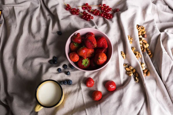 Bir pembe porselen tabak içinde sulu kırmızı çilek, yaban mersini, kırmızı kuş üzümü, fındık ve süt ile dolu bir vintage Kupası bol dökümlü bir kumaş üzerine çevrili olan.