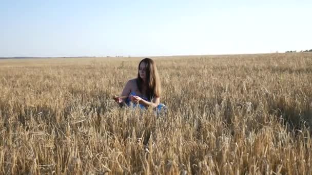 Mooi zwanger meisje in veld — Stockvideo