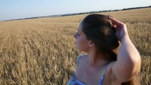 Красивая беременная девушка в поле — стоковое видео