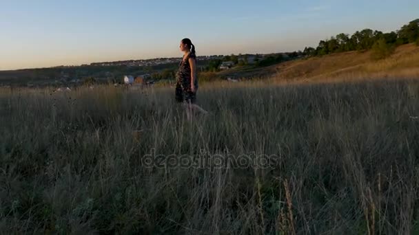 Kobieta w ciąży w dziedzinie o zachodzie słońca — Wideo stockowe