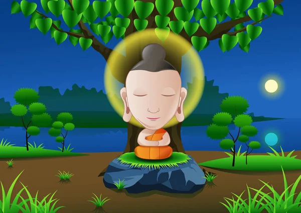 Il signore di Buddha diventa illuminato sotto l'albero nella notte di luna piena vicino al fiume in India in versione cartone animato — Vettoriale Stock