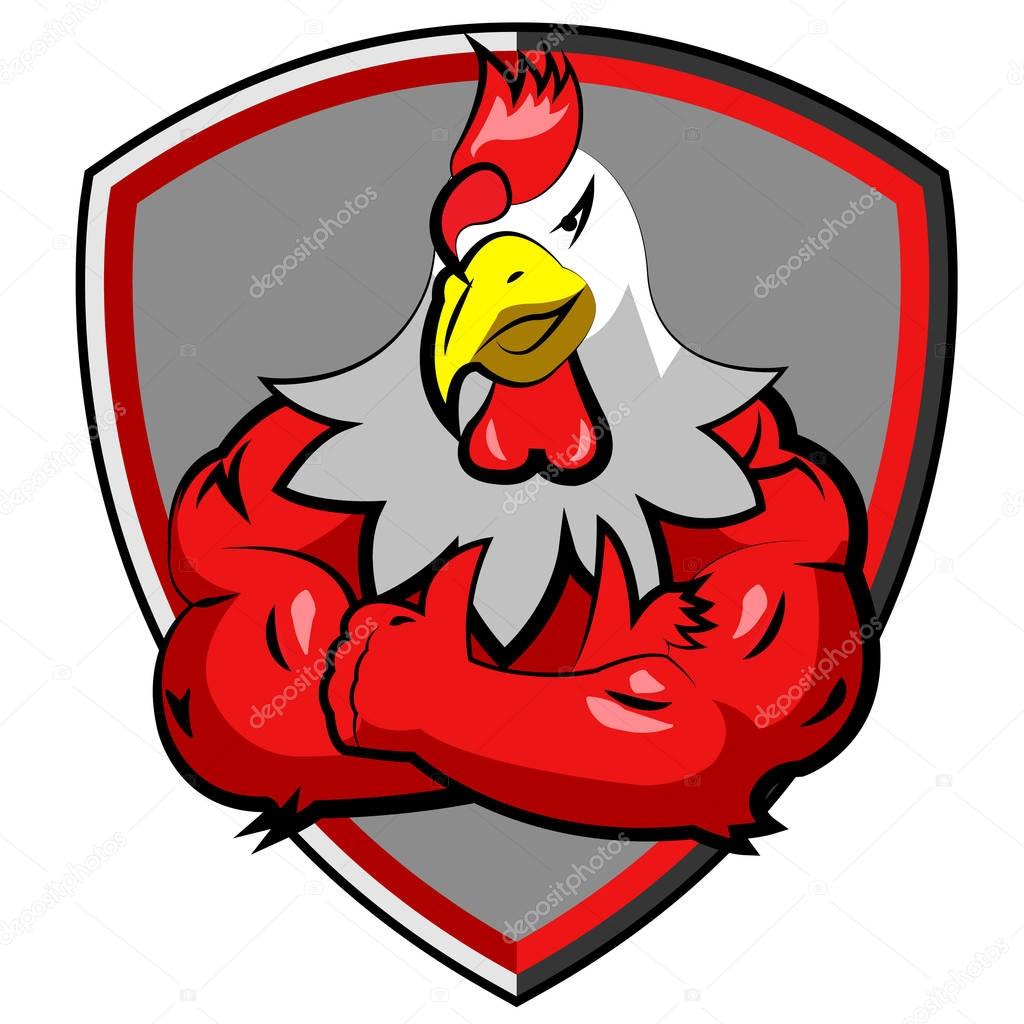 Healthy red big muscle rooster in shield logo,vector illustration