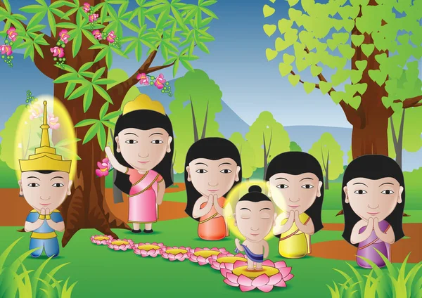 Heer van Boeddha werd geboren onder boom in cartoonversie, gebruikt goed voor belangrijke dagen van het boeddhisme — Stockvector