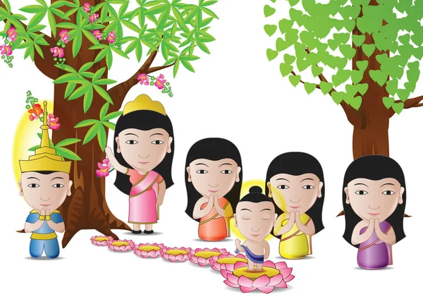 Heer van Boeddha werd geboren onder boom in cartoonversie, gebruikt goed voor belangrijke dagen van boeddhisme vectorillustratie — Stockvector