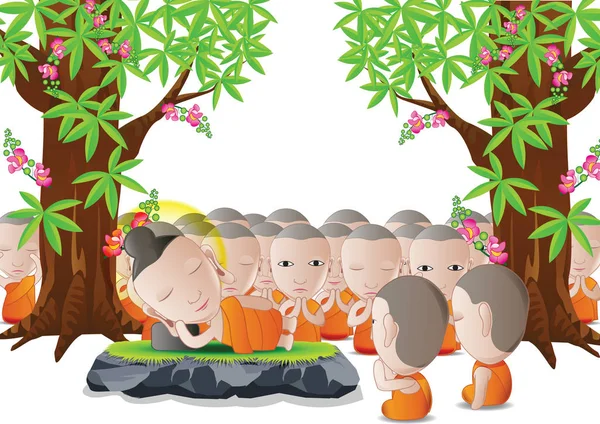 Heer van Boeddha was dood onder de boom in de tekenfilm versie, gebruikt goed voor belangrijke dagen van het boeddhisme — Stockvector