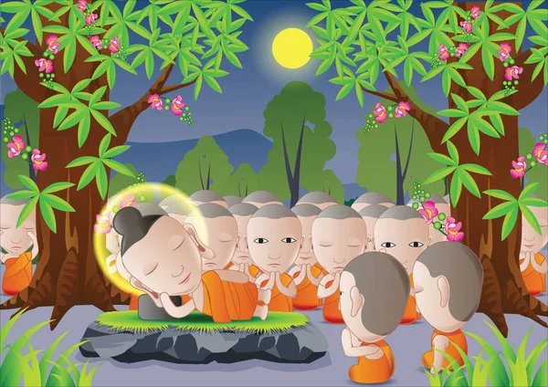 Heer van Boeddha was dood onder de boom in de tekenfilm versie, gebruikt goed voor belangrijke dagen van het boeddhisme — Stockvector