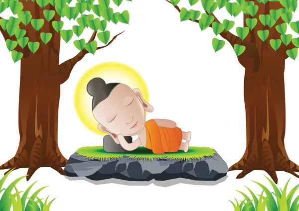Lord of Buddha sleep under tree in cartoon version, used well for important days of Buddhism vector illustration — стоковый вектор