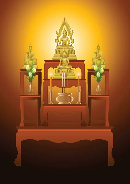 Conjunto de mesa de altar tipo sete mesas em design gradiente, adequado para toda a cerimônia de budismo — Vetor de Stock