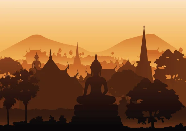 仏像彫刻塔海、ミャンマー、タイの木寺の画像 — ストックベクタ