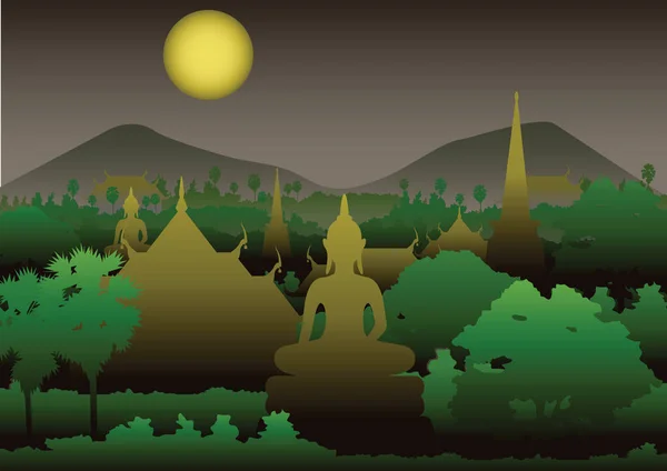 불상 조각 해, 미얀마, 태국, 밤의 사원 탑 이미지 — 스톡 벡터