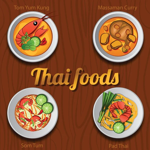 Four Thai delicious and famous food.river prawn spicy soup or Tom Yum Kung,papaya salad or Som Tam,fried noodle stick with shrimp or Phad Thai, Chicken Curry — Stock Vector