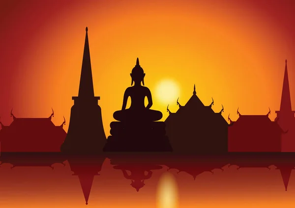 Por do sol com templo de Buda tailandês — Vetor de Stock