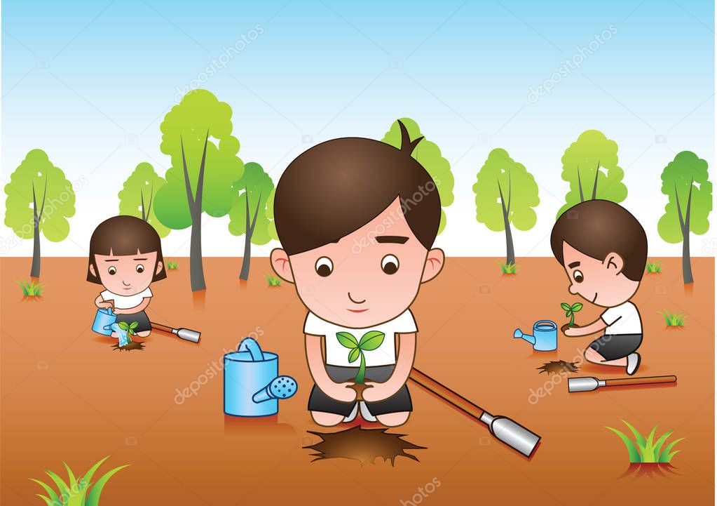 three white shirt volunteer planting tree