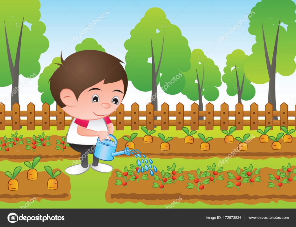 Una burbuja cabeza niño dibujos animados agua la planta en el jardín