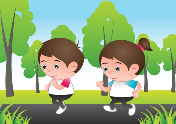 Buborék fej fiú és lány rajzfilm jogging fusson a város természet — Stock Vector