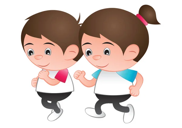 Bubbla huvud pojke och flicka tecknad jogging köra isolerade vit tillbaka — Stock vektor