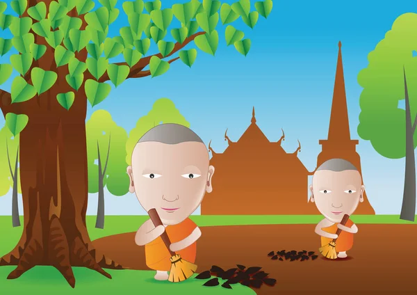 Keşiş yaprakları tapınak alanında Budizm m bir rutin temizlik tutun — Stok Vektör