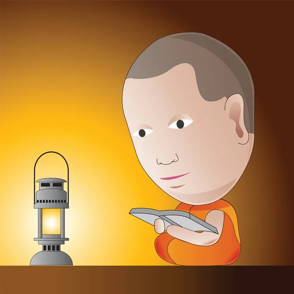 Маленький монах учится Дхарме в ночи с помощью масляной лампы, чтобы быть гуру — стоковый вектор