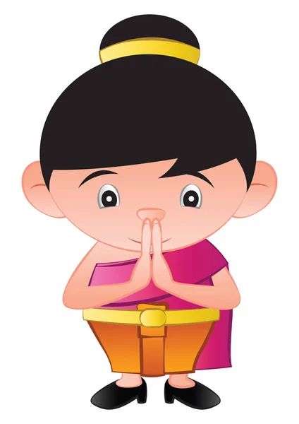 Tailandés burbuja cabeza chica es saludo en llamado sawasdee, en dibujos animados — Vector de stock
