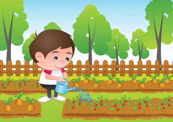 Une tête de bulle garçon dessin animé arroser la plante dans le jardin, entourer — Image vectorielle