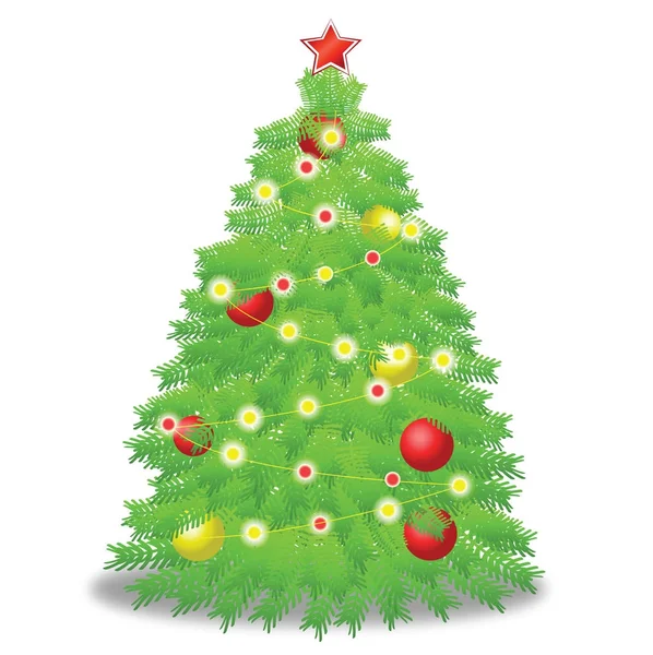 Árbol de Navidad decorado con colorida estrella de la bola y la luz — Vector de stock