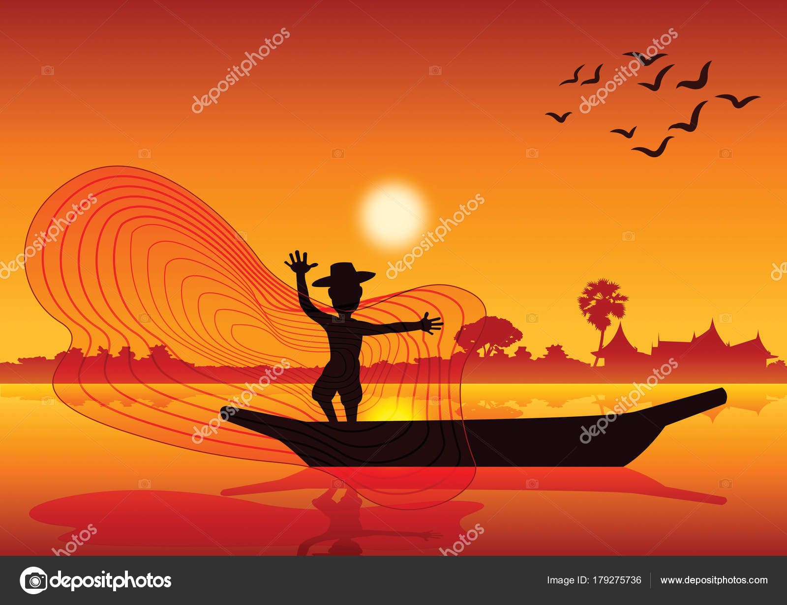 Country life,man throw fish net to catch fish on boat in pond la Stock  Vector by ©terd486.gmail.com 179275736