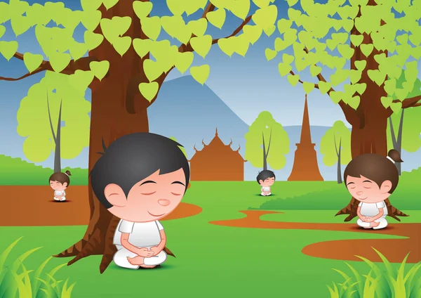 Велика бульбашкова голова чоловік і жінка мультфільм медитація під деревом в f — стоковий вектор