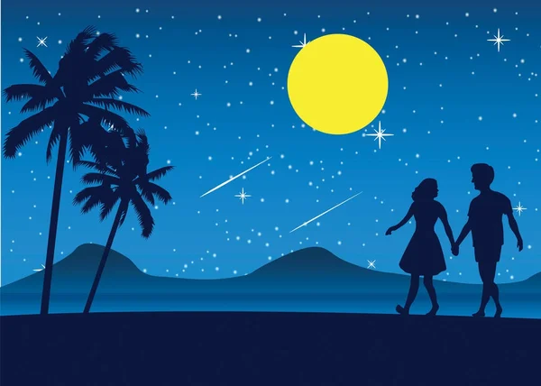 Casal caminhar na praia à noite, cena romântica mar nas proximidades palm tre —  Vetores de Stock
