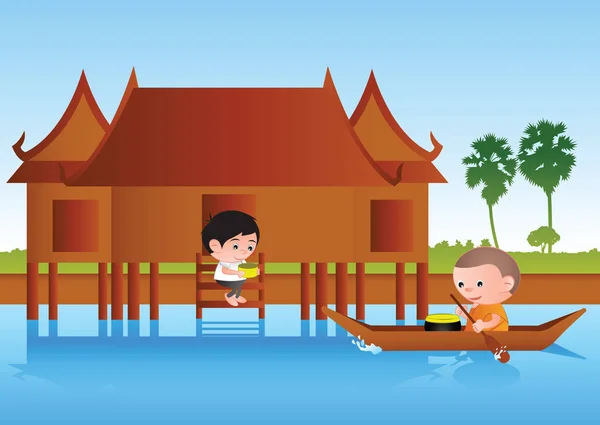 Big bubble head man cartoon give food to monk on boat, around wit — стоковый вектор