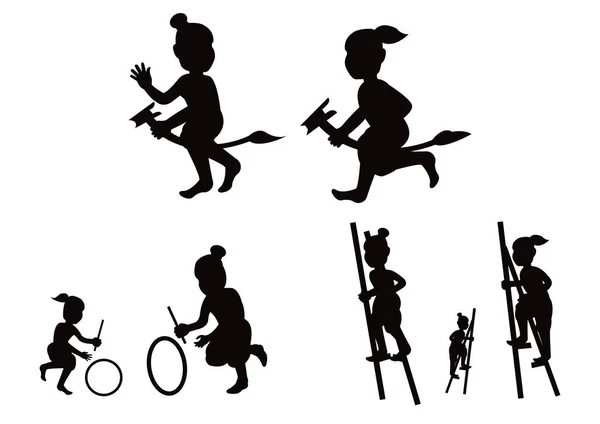 Silueta niños juegan juego, de pie el cuenco o las piernas tho El cuenco de ceniza un caballo de plátano pierna y golpear rollo de rueda, Tailandés antiguo pla — Archivo Imágenes Vectoriales