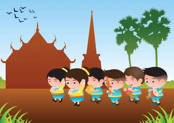 Banda de música tailandesa bailarina, tom tom, caña y órgano. Para el festival y la ceremonia, diseño de dibujos animados de cabeza de burbuja grande con paisajes — Vector de stock