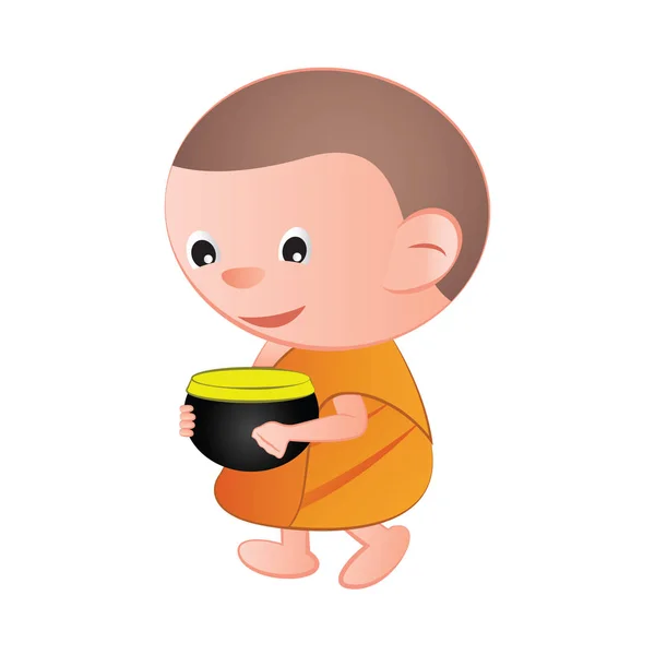 Gran cabeza de burbuja de dibujos animados monje budista pedir un favor recibir comida o — Vector de stock