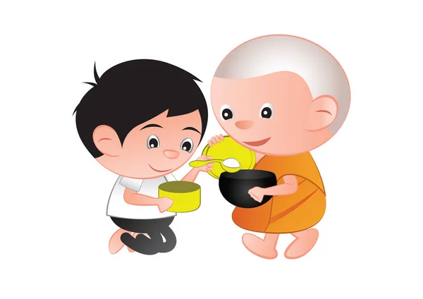 Buddhist give food offering to a monk or ask as a favor receive — Stock Vector