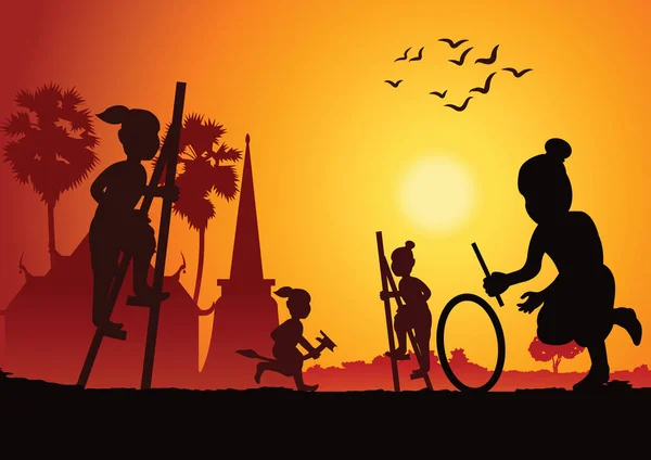 Silhouette enfants jouer jeu, tenir le bol ou les jambes tho La cendre — Image vectorielle