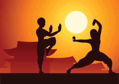 Çin boks Kung Fu dövüş ve savunma sanatı ünlü spor, iki boksör kavga 