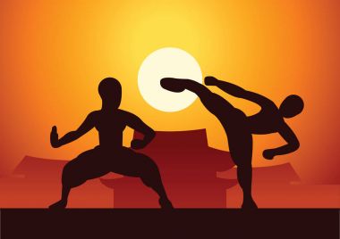 Çin boks Kung Fu dövüş ve savunma sanatı ünlü spor, iki boksör kavga 
