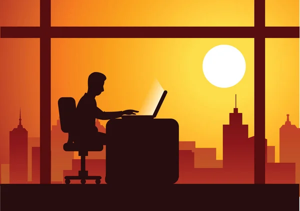 Hombre de negocios trabajar horas extras con el ordenador portátil para completar su trabajo — Archivo Imágenes Vectoriales