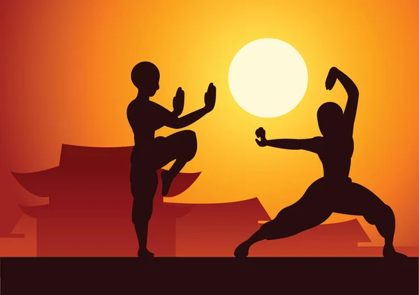 Boxe chinoise Kung Fu art martial sport célèbre, deux boxer combat — Image vectorielle