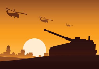 Helikopter sinek üzerinde tank hala çölde düşman, silhoue saldırmaya