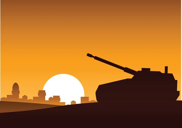 Tank still on desert to attack enemy, silhouette design, village b — Image vectorielle