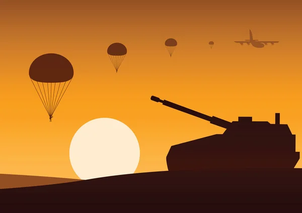 Tank still on desert to attack enemy, paratrooper down, silhouette — Image vectorielle