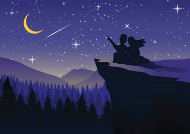 cliff ve çam ormanda yıldız gecede meteor noktasına Çift