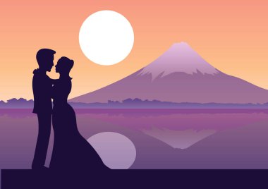 Çift stand arkasında, siluet stil nehir ve fuji Dağı yakınlarında